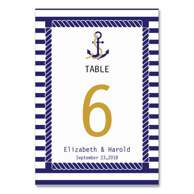 Numéro De Table Élégant Mariage Thème Marin Rayures Bleu Marine (Dos)