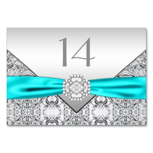 Numéro De Table Élégant Mariage Turquoise bleu argenté (Devant)
