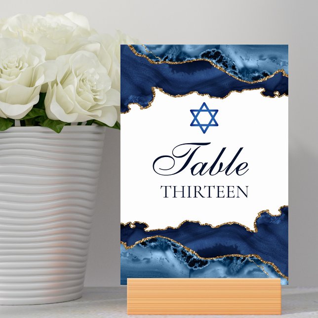 Numéro De Table Elégant Marine Blue Gold Agate Bar Mitzvah Party (Créateur téléchargé)
