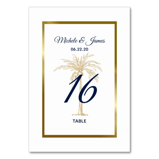 Numéro De Table Elégant Marine White Gold Palm Tree Moderne Mariag (Par défaut)