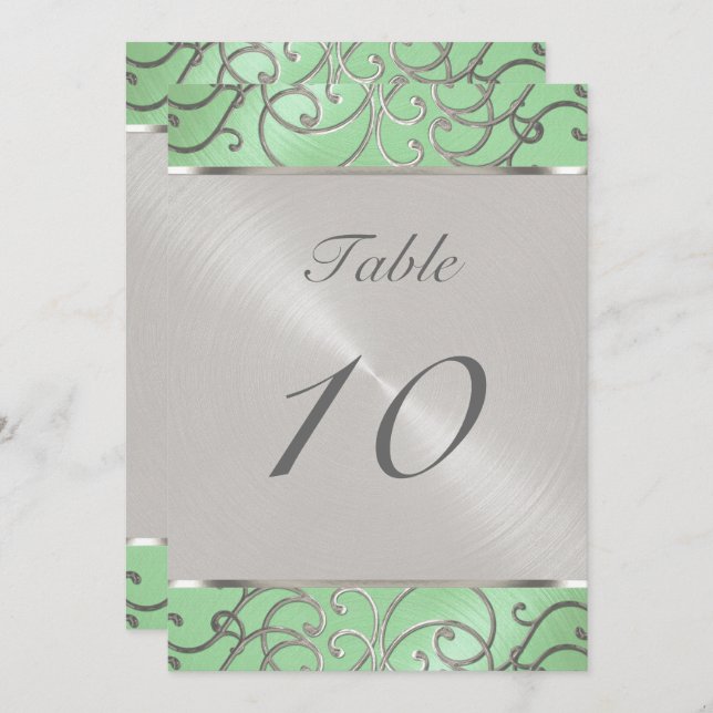 Numéro de table Elegant Mint Green Silver Filigree (Devant / Derrière)