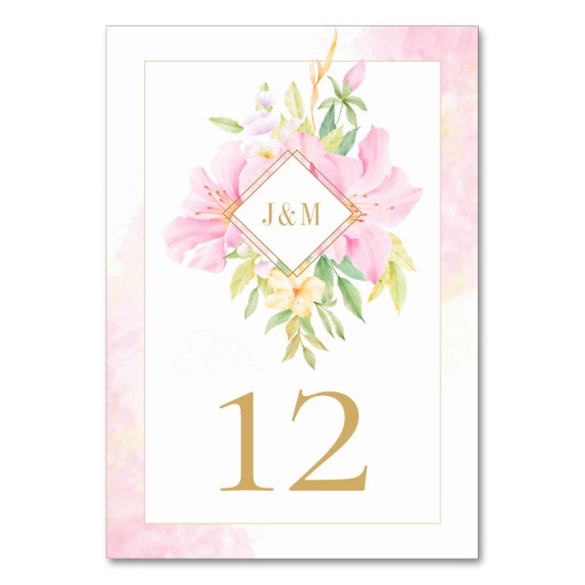Numéro De Table Elégant Monogramme Floral Aquarelle rose vert (Par défaut)