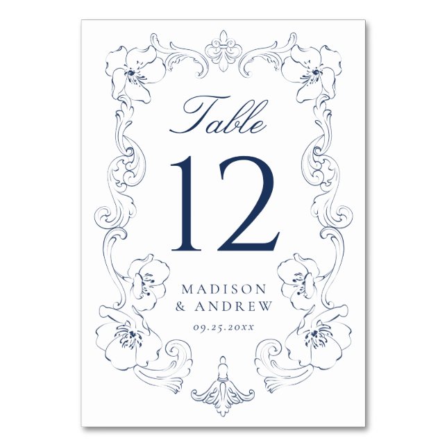 Numéro De Table Elegant Navy Ornate Floral Frame Wedding (Par défaut)
