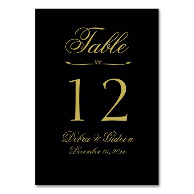 Numéro De Table Élégant Noir et Or Coeur Flourdissant Mariage (Par défaut)