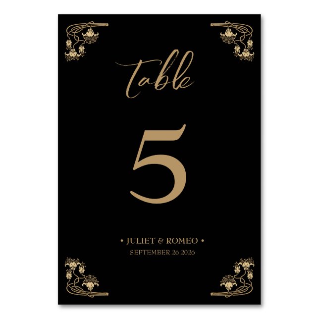 Numéro De Table Elégant or Art Déco sur mariage noir (Par défaut)