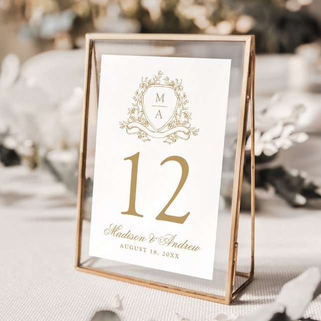 Numéro De Table Élégant or Floral Crest Monogram Mariage (Créateur téléchargé)