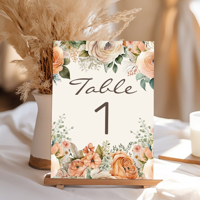 Numéro De Table Elégant Pêche blanc Floral Eucalyptus Mariage (Elegant peach and cream-colored watercolor floral wedding table number)