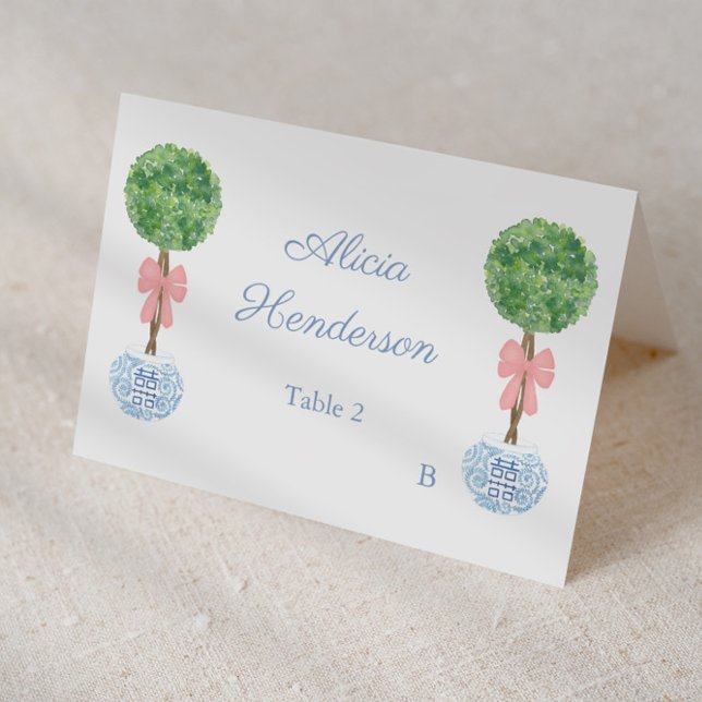 Numéro De Table Elegant Pink Bow Topiary Individual Place Card (Elegant place card design featuring watercolor boxwood topiary in a ginger jar planter and pink bow)