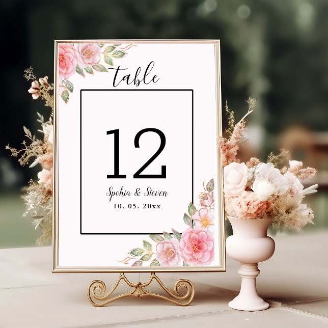 Numéro De Table Elegant Pink Floral Wedding Party with Gold  (Créateur téléchargé)
