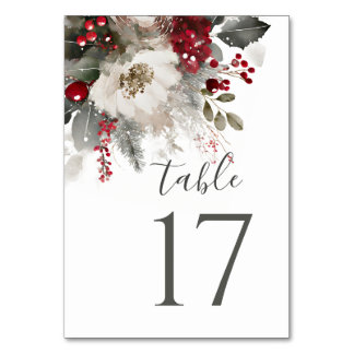 Numéro De Table Élégant rouge argent Noël hiver Floral Mariage