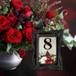 Numéro De Table Élégant Rouge foncé Floral Grunge Grey Goth Mariag