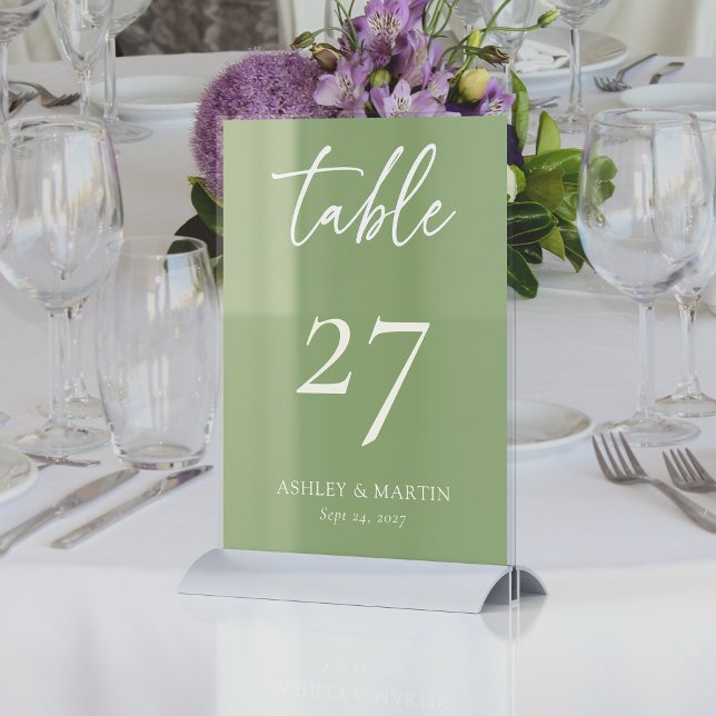 Numéro De Table Elégant Sage Green avec Mariage de script ivoire (Elegant Sage Green with Ivory Script Personalized Wedding Table Number)