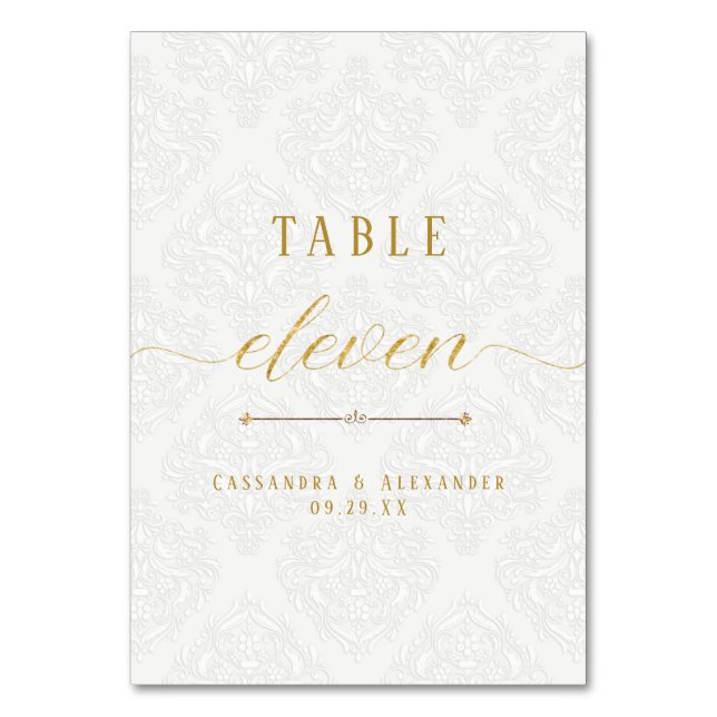 Numéro De Table Élégant Script Blanc dentelle or Mariage onze 11 (Par défaut)