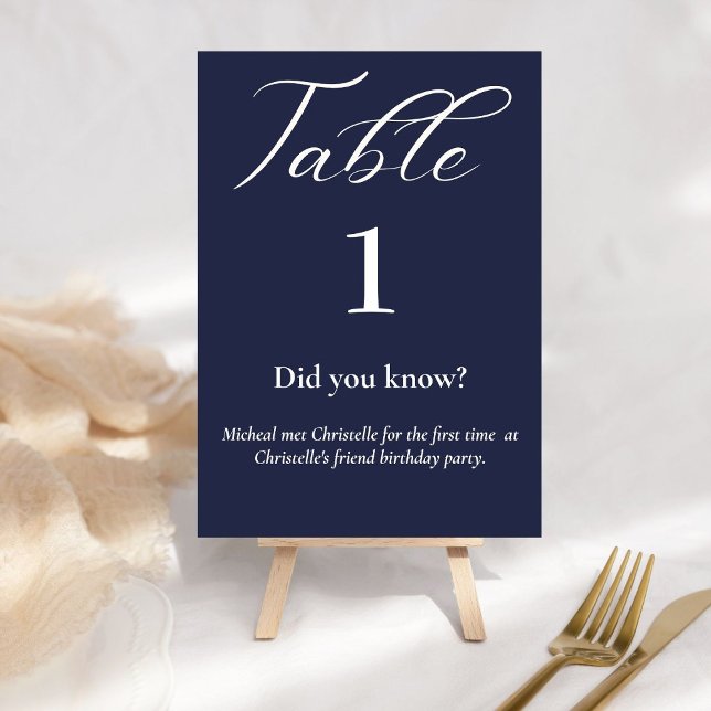 Numéro De Table Élégant script bleu marine Fun facts mariage (Créateur téléchargé)