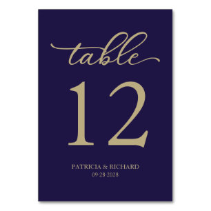 Numéro De Table Élégant Script Gold Marine Blue Mariage Numéro de