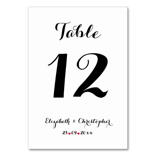 Numéro De Table Élégant script noir blanc Mariage Fête des mariées (Par défaut)