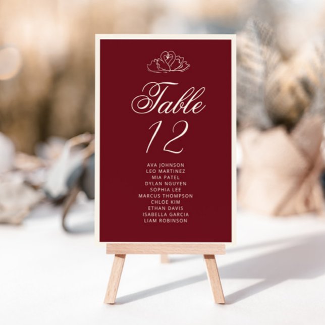 Numéro De Table Elegant Swan Deep red Table Seating Chart cards (Créateur téléchargé)
