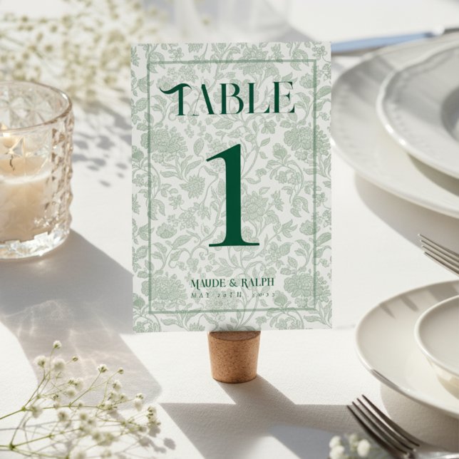 Numéro De Table Élégant Toile Floral Script Vert Mariage  (Guide guests to their seats using these Elegant Floral Toile Script Green Wedding Table Number! )