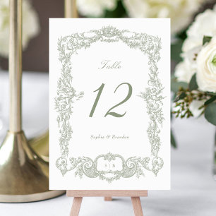 Numéro De Table Elégant Vintage Baroque Floral Frame Sage Vert