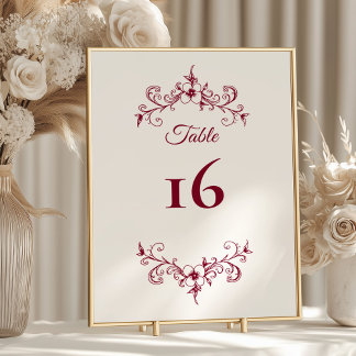 Numéro De Table Élégant Vintage Romance Bourgogne Floral Mariage