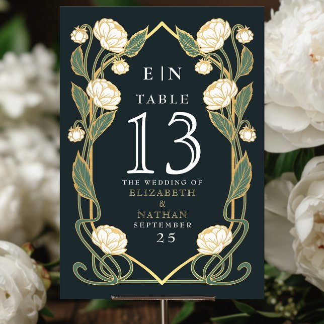 Numéro De Table Elegant White Peony Art Nouveau Floral Wedding (Créateur téléchargé)