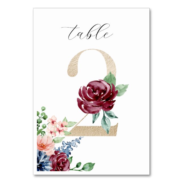 Numéro De Table Elégante aquarelle Florals Faux Gold Mariage 2 (Par défaut)