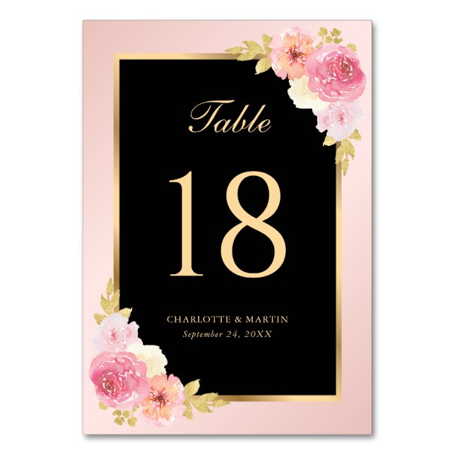 Numéro De Table Elégante aquarelle noire et rose Floral (Par défaut)