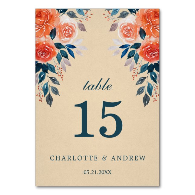 Numéro De Table Elégante aquarelle orange Rose Mariage (Dos)