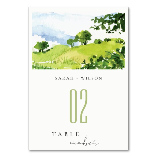 Numéro De Table Elégante Aquarelle verte Campagne Hills Mariage (Par défaut)