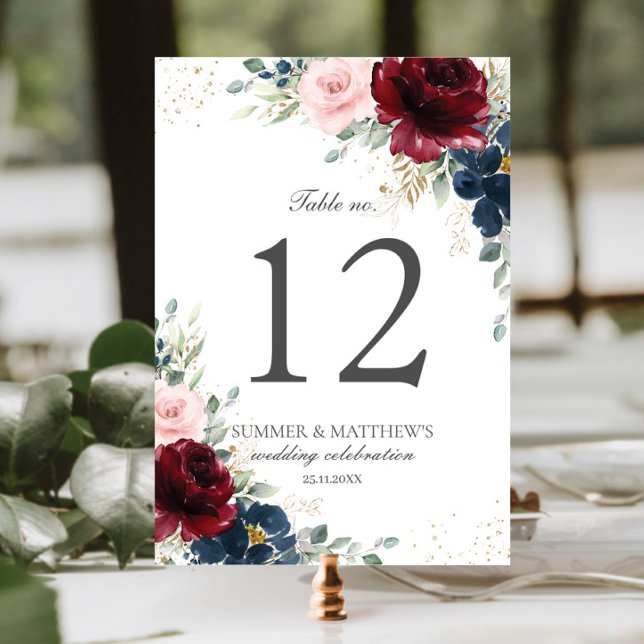 Numéro De Table Elégante Bourgogne Bleu Bleu Rose Fleurs florales (Créateur téléchargé)