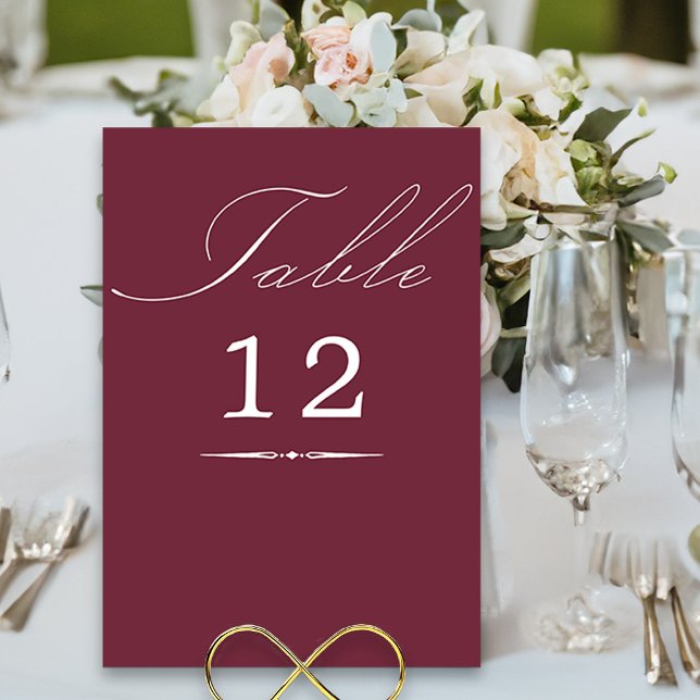 Numéro De Table Élégante calligraphie Mariage Bourgogne (Elegant burgundy table number cards from my Wedding Colors collection)