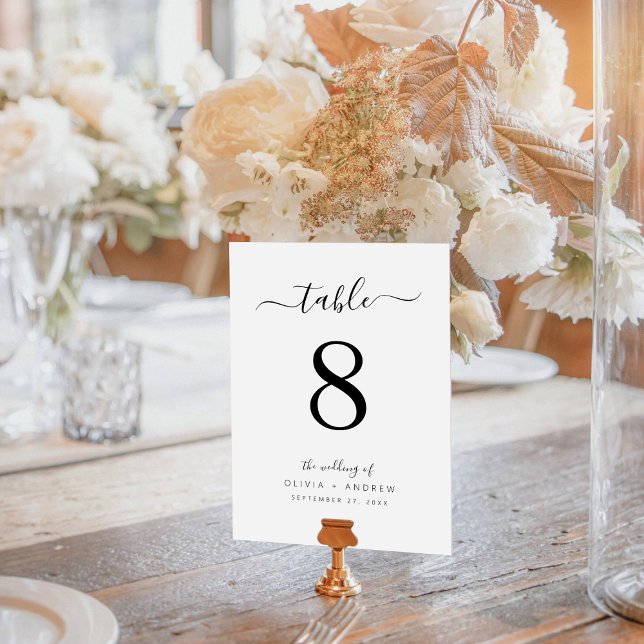 Numéro De Table Élégante calligraphie Mariage couleur blanche et n (Elegant Calligraphy White & Black Color Wedding Table Number)