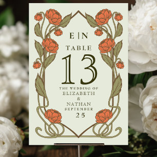 Numéro De Table Élégante Pivoine Corail Art Nouveau Fleur Mariage