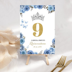 Numéro De Table Elégante quinceanera bleu et or poussiéreux