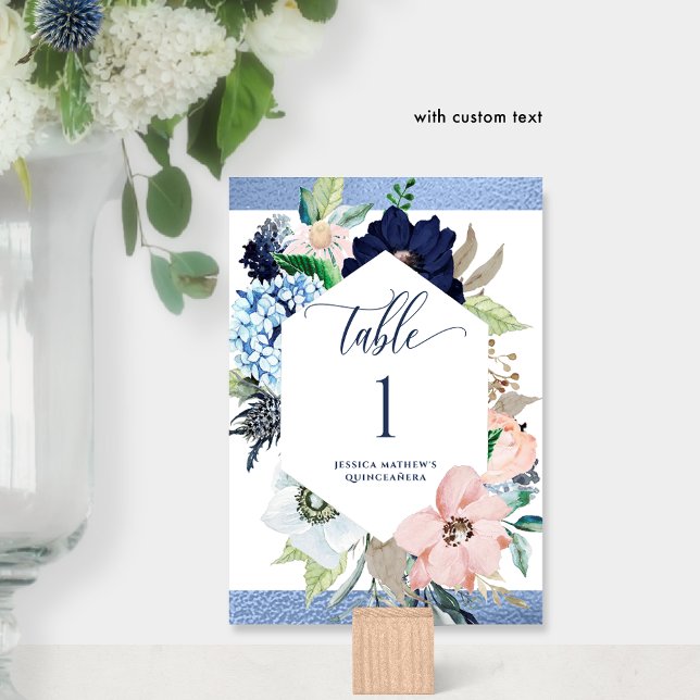 Numéro De Table Elégante Quinceañera florale bleue et rose (Créateur téléchargé)