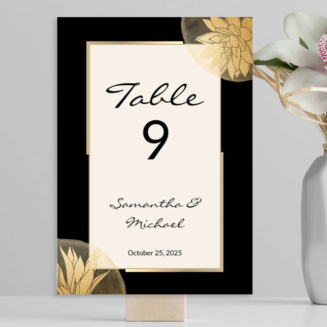 Numéro De Table Elégante Réception de mariage Floral d'or noir (Créateur téléchargé)