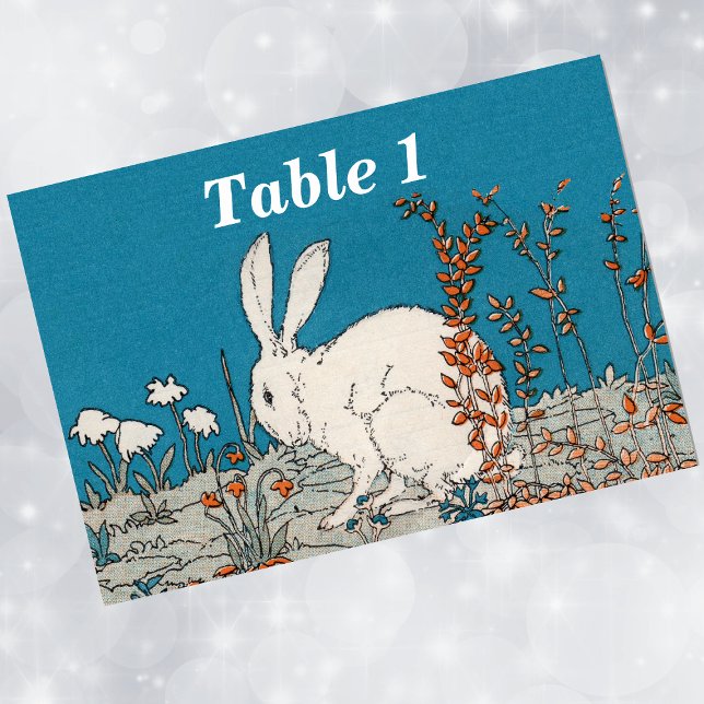 Numéro De Table Elégante Vintage Fleurs de lapin blanc (White fluffy rabbit sitting in orange and white flowers on blue event table number cards.)