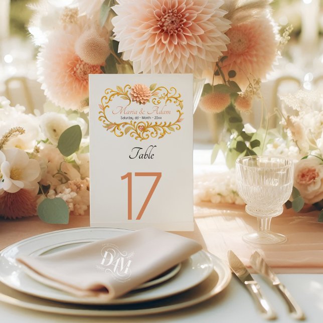 Numéro De Table Élégantes Dahlias Rose Mariage Écriture Dorée (Créateur téléchargé)