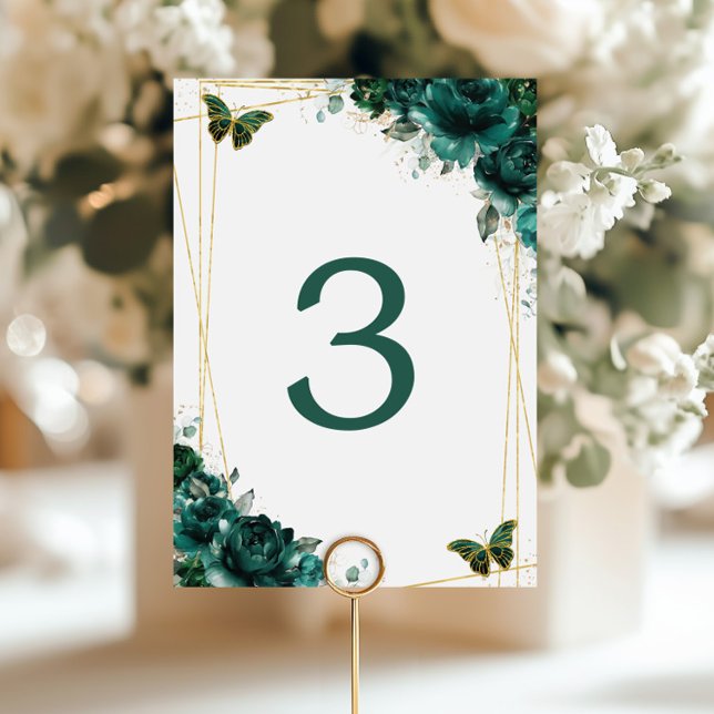 Numéro De Table Emerald Green Floral Gold Butterflies Wedding  (Créateur téléchargé)