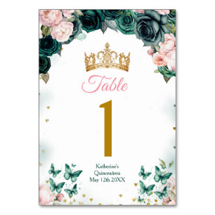 Numéro De Table Emerald Green Quinceañera Couronne rose Floral