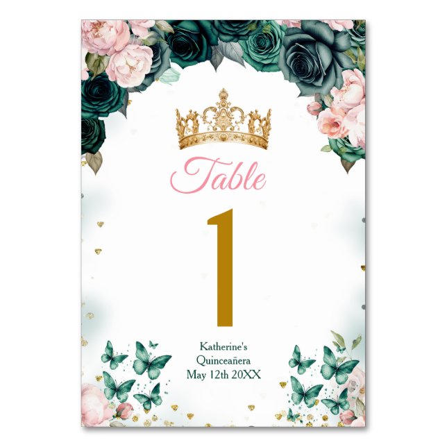 Numéro De Table Emerald Green Quinceañera Couronne rose Floral (Par défaut)