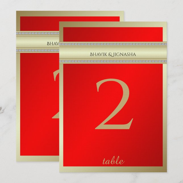Numéro de table en damassé indien rouge et or (Devant / Derrière)