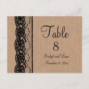 Numéro de table en dentelle noire et toile de jute