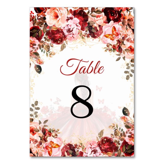 Numéro De Table Enchantée Scarlet Gold Princesse Quinceañera (Dos)