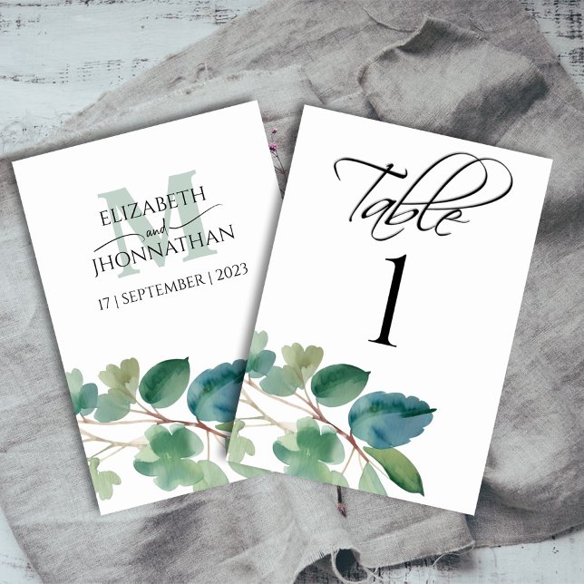 Numéro De Table Eucalyptus Aquarelle Script Mariage Monogramme (Créateur téléchargé)