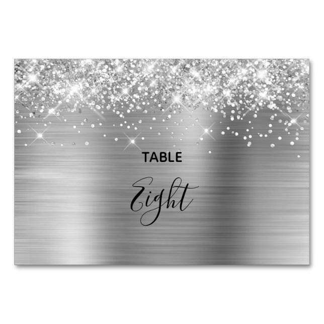 Numéro De Table Faux Glittery Mariage à huile d'argent (Devant)