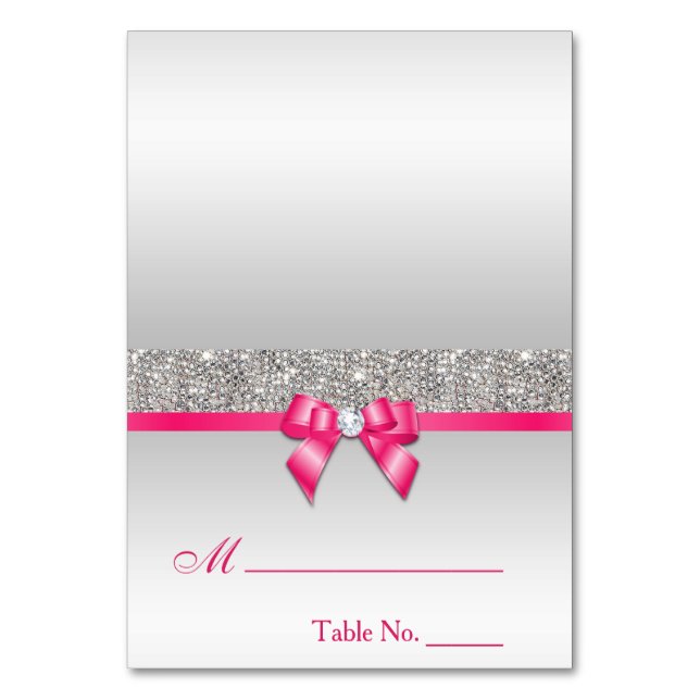 Numéro De Table Faux Silver Sequits Hot Rose Bow Place Card (Par défaut)