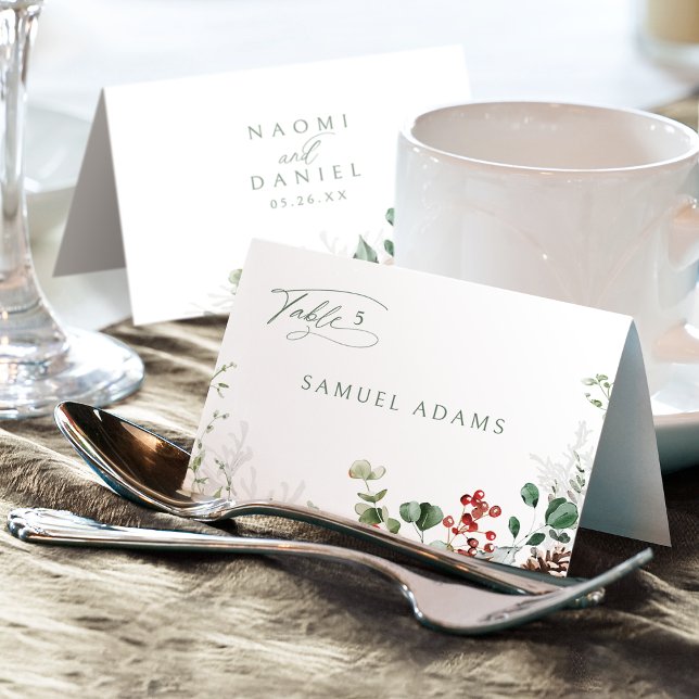 Numéro De Table Festive Floral Winter Wedding Foldable Place Card (Festive Floral Winter Wedding Foldable Place Card)