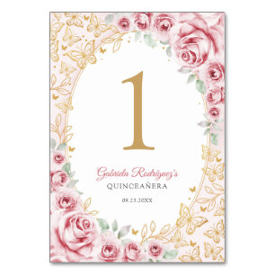 Numéro De Table Fête de Quinceañera florale en or rose