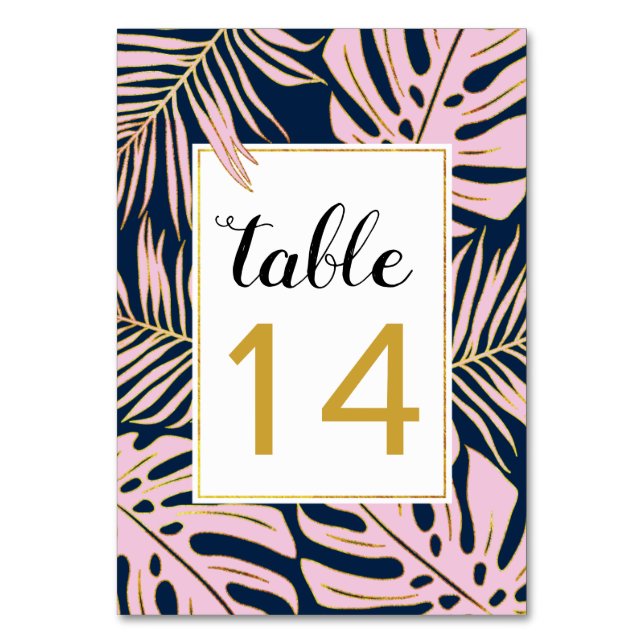 Numéro De Table Feuilles de marine rose tropicale, mariage à conto (Par défaut)